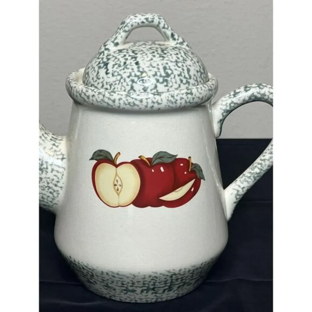 T.H.T. 1995 Sponge Green Apple Design Large Handle Lid Stoneware  Coffee Tea Pot